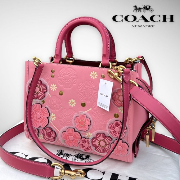 AUTHENTICATED NWT Coach Rogue 25 Colorblock w/ Tea Rose & Coach Tea Rose Studs - Picture 8 of 17